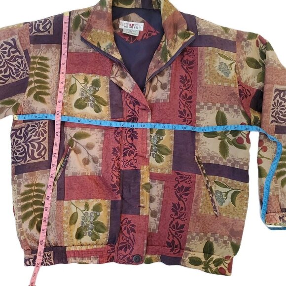 Vintage Stunt Sports 100% Silk Patchwork Jacket Small Boho 90 Bomber Flora Fruit - Picture 11 of 12
